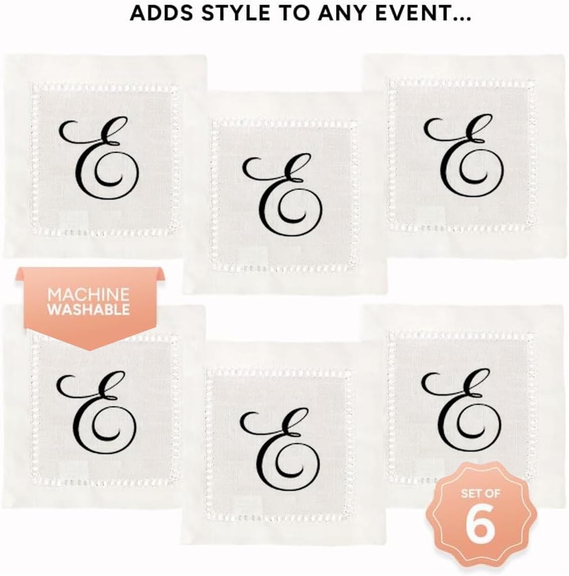 Jolitee Decorative Hemstitch Cocktail Napkins with Printed Initials E – 6"x6" Linen-Like Washable Fabric – Handmade Cloth Napkins for Entertaining, Parties, and Everyday Use