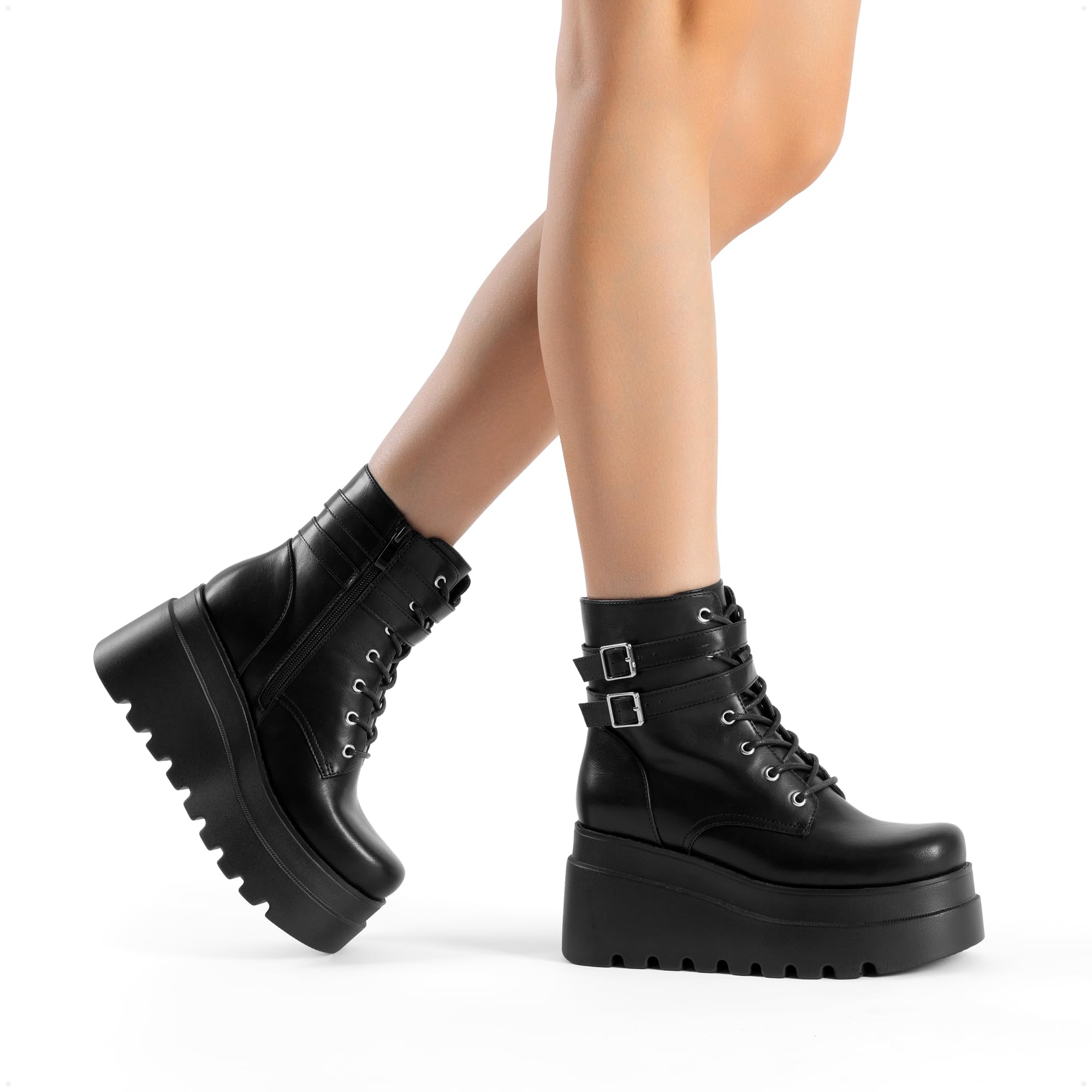 DREAM PAIRS Botines de combate de plataforma para mujer, estilo gótico, tacón alto, con cordones, para motocicleta