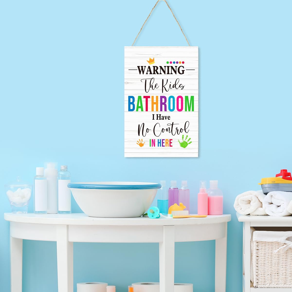 OERNCDFJ Warning the Kids Bathroom Sign,Bathroom Wall Decor for Kids image 4