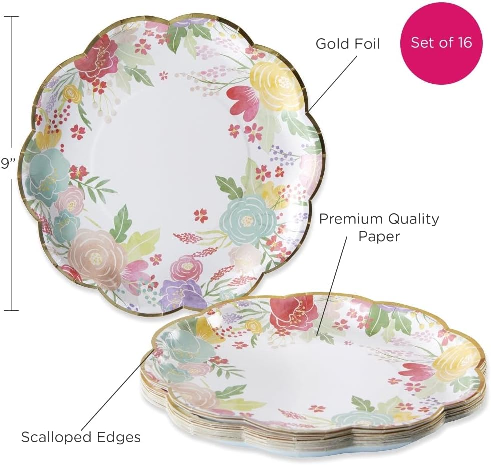 Kate Aspen 64 Pcs Garden Blooms Paper Plates, 9 Inch Heavy Duty Disposable Party Plates, Party Supplies Tableware for Birthday, Wedding, Bridal Shower, Baby Shower, Anniversary Party (Bulk)