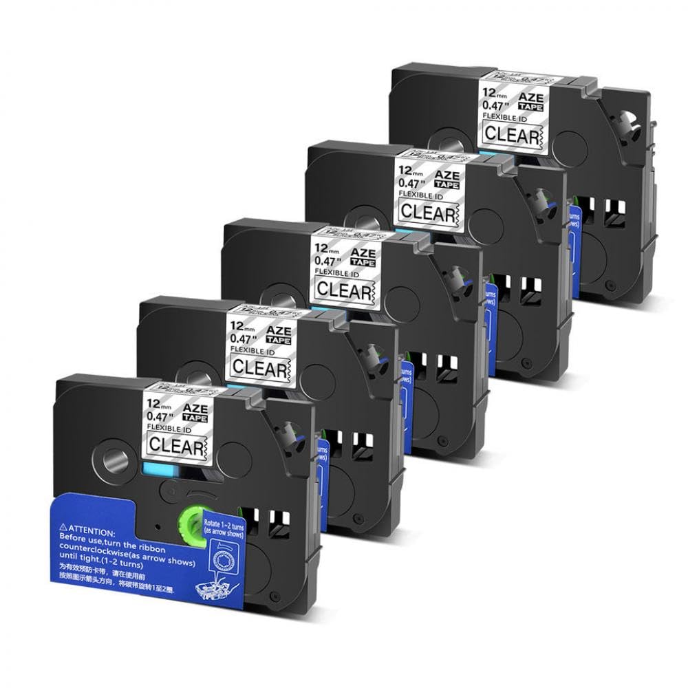 Cinta de Etiquetas 5PK 12 mm Negra sobre Transparente estándar laminada TZe-131 TZ131 Compatible con rotuladora