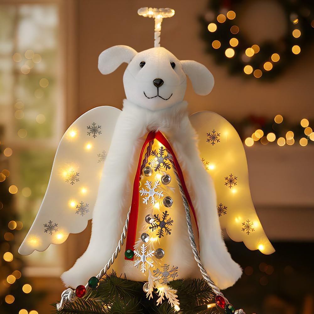 iHeartDogs Christmas Tree Topper Decoration - The Original Dog ‘Christmas Miracle’ Angel Dog Tree Topper LED Lighted Halo, Snowflake Garland & Wings Decor Ornament, Holiday Decoration