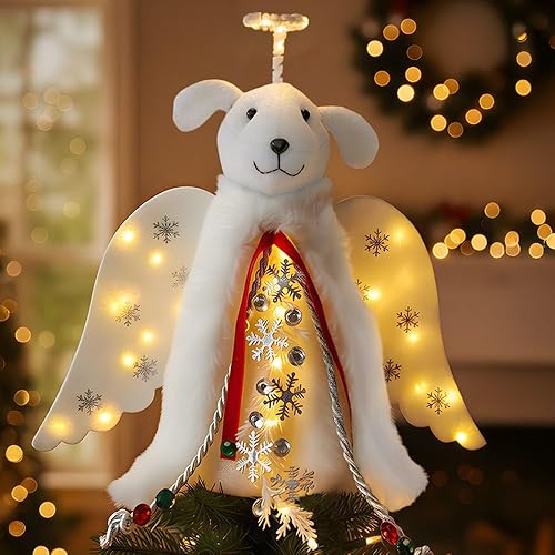 iHeartDogs Christmas Tree Topper Decoration - The Original Dog ‘Christmas Miracle’ Angel Dog Tree Topper LED Lighted Halo, Snowflake Garland & Wings Decor Ornament, Holiday Decoration - White Glowing Halo Dog