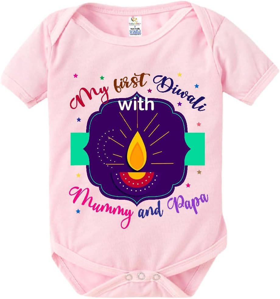 baby wish Baby Diwali Bodysuits Newborn Deepawali Romper Half Sleeve Unisex Romper My First Diwali with Mummy & Papa