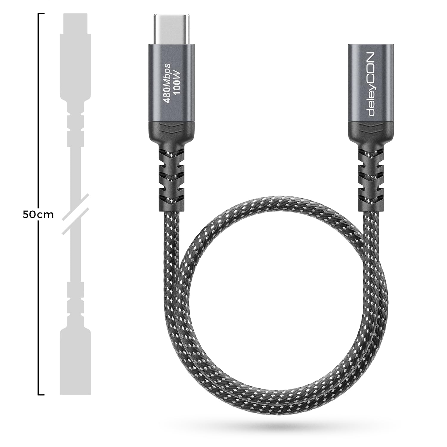DeleyCON USB-C Verlengkabel 0,5m – 100W PD 3.0 Snelladen En Dataoverdracht Voor IPhone, Samsung, IPad En Meer