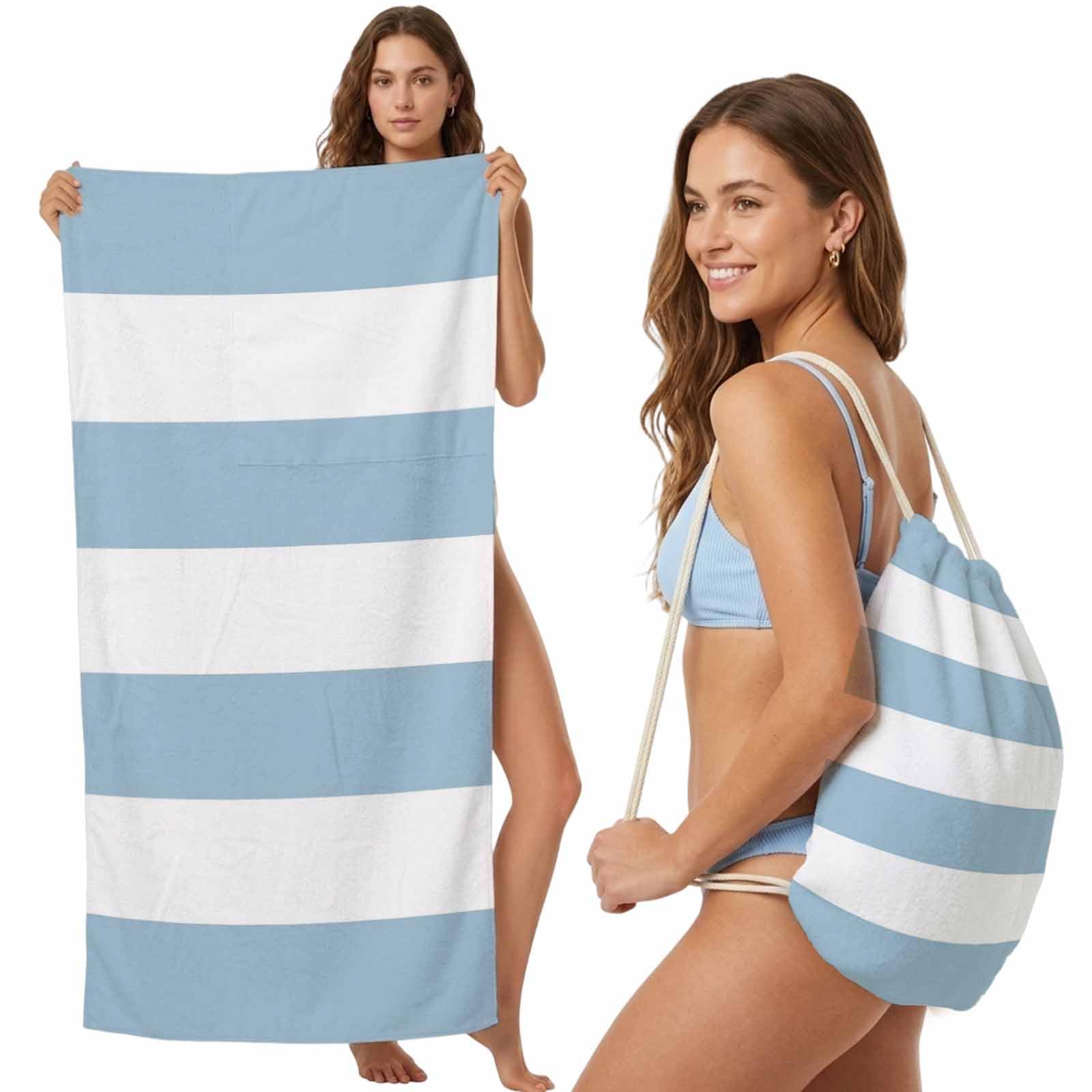 Beach Towel Bag 2 in 1 Blue Stripes Bath Pool Towels Backpack Parallel Lines Classic Striped Absorbent Beach Towel Soft Quick Dry Lightweight Packable Towels Drawstring Bag for Travel Sports Yoga