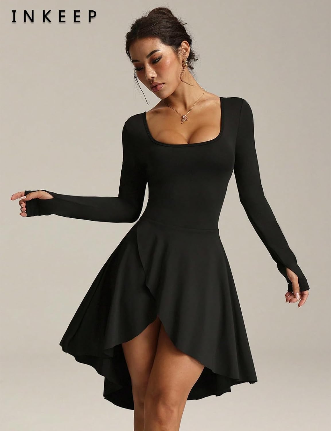 Crew Neck Tennis Dress Long Sleeve Athletic Dress with Built in Shorts Golf Dress Workout Rompers