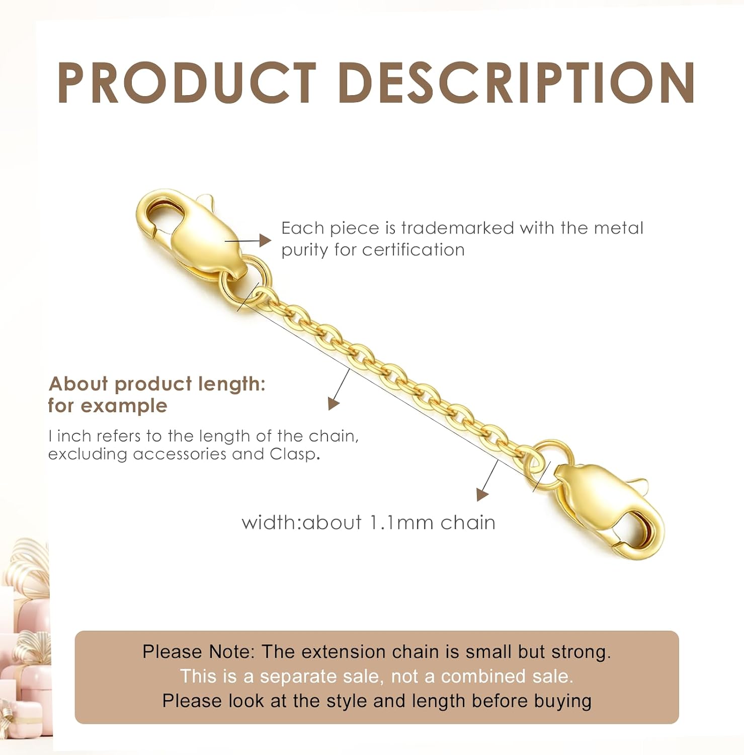 10K Yellow Gold 1"/2"/3" Necklace Extender Chain with Double Clasps, 10K Gold Necklace Extender Bracelet Anklet Extension Chain, Bracelet Extender 10K Gold