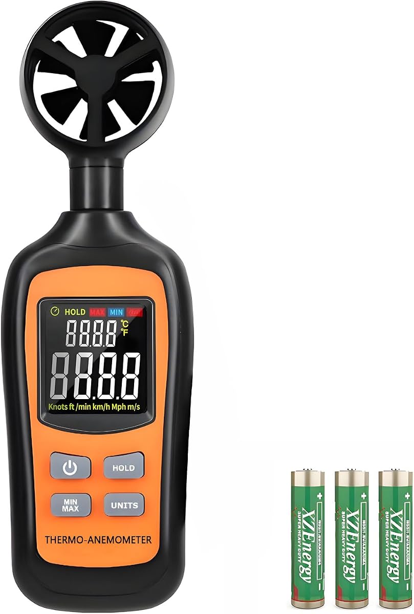 Anemómetro digital de velocidad del viento, medidor de velocidad de flujo de aire portátil para medir la velocidad/temperatura del viento con pantalla a color de 4 dígitos, para disparar, HVAC, vuelo con drones, windsurf, vela, surf