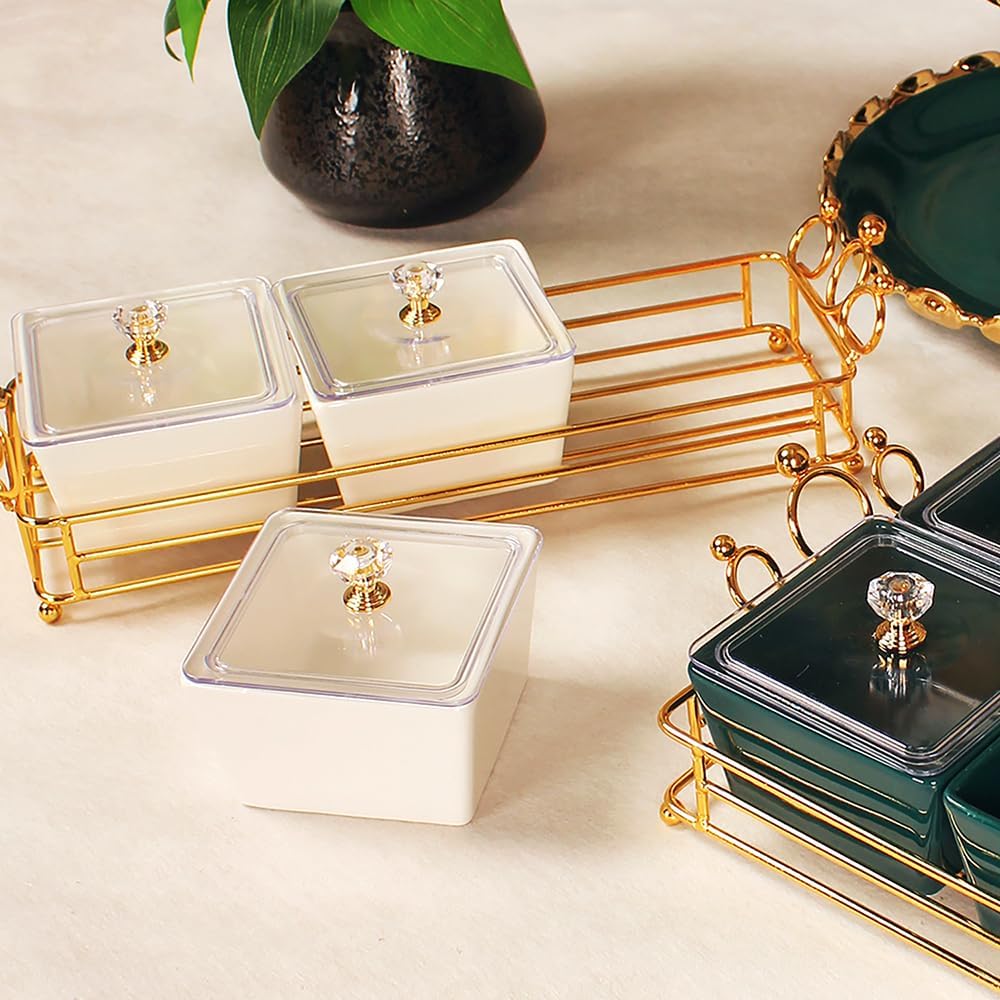 YA JU Ceramic Bowls and with Lid Gold Basket Trays, 3 Removable Small Bowls Condiment Trays Nut Serving Set for Snacks, Fruits, Candy and Condiments - Great for Parties, Holiday Gifts, White