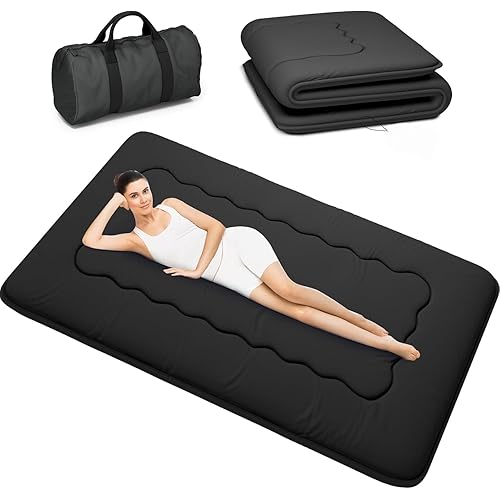 Kiseely Japanese Futon Mattress, Foldable Tatami Mat Portable Dormitory Sleeping Pad with Bag & Strap, Floor Thicken Sleeping Roll up Camping Mattress (Black WS1, 48"X80")
