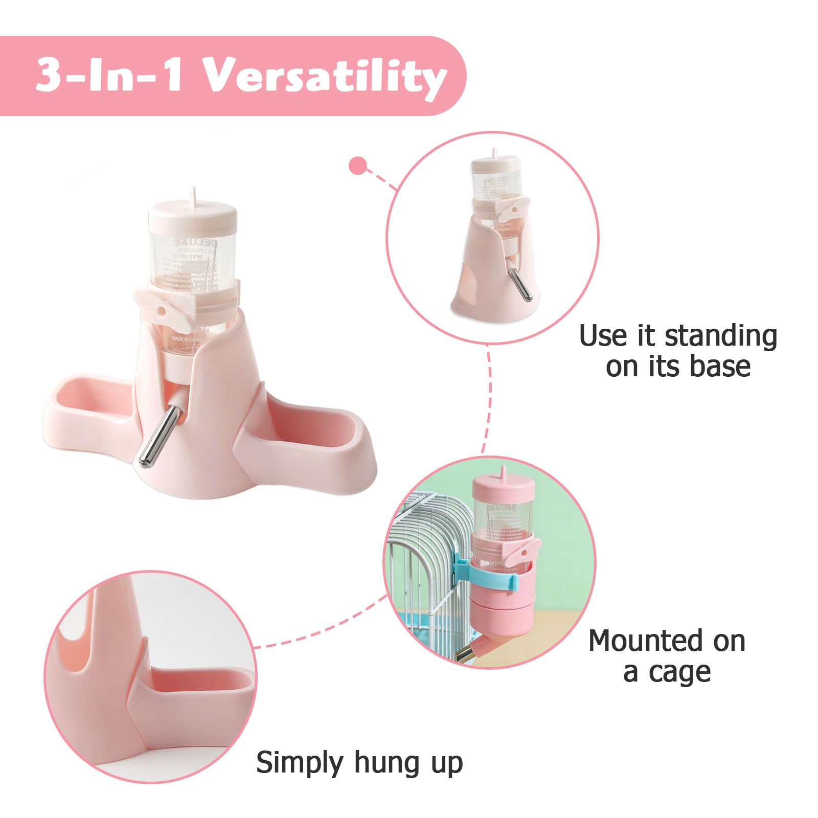 Gourde 3 en 1 pour hamster - Rose - 80 ml - Avec double gamelle et support - Pas de fuite d'eau - Distributeur d'eau automatique pour hamsters, lapins, cochons d'Inde, chinchilla