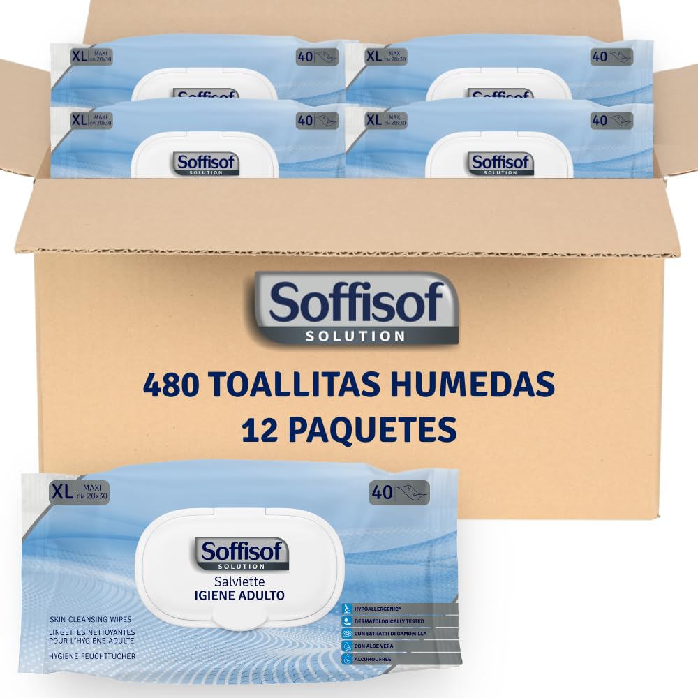 Soffisof Toallitas Humedas XL - 480x Toallitas Húmedas para la Higiene Limpieza Corporal de Adultos - Adultos, Ancianos, Discapacitados, Enfermos - 480 Toallitas Ancianos, 12 Paquetes