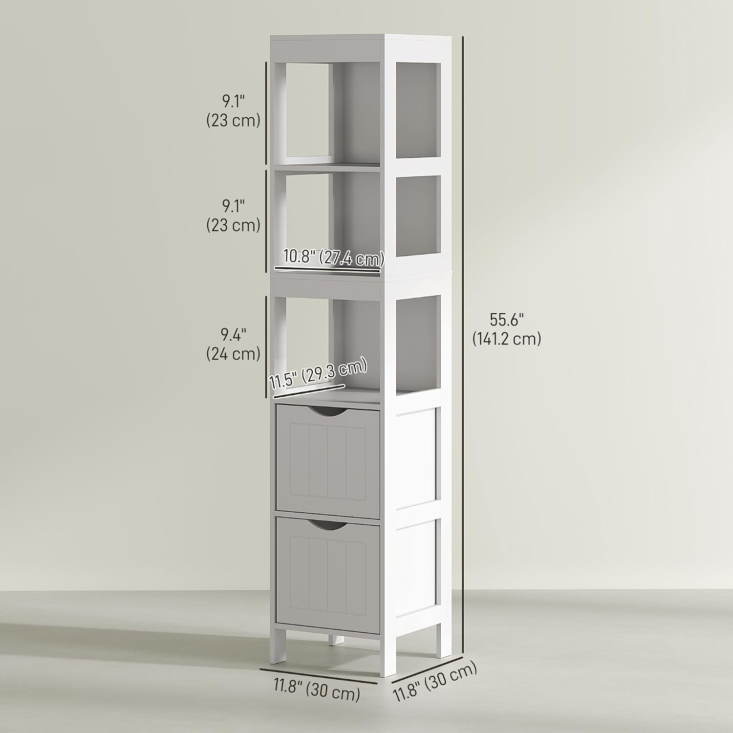 HOMCOM Narrow Bathroom Storage Cabinet, Bathroom Floor Cabinet with 2 Drawers & 3 Open Shelves, Freestanding Slim Storage Organizer for Small Spaces, White