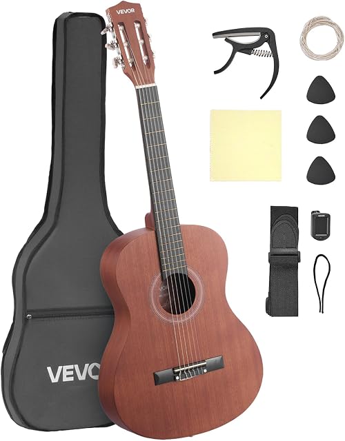 VEVOR Classical Guitar, 36 Inch, Wood Classical Guitar Starter Kit for Beginners, with Nylon Strings, Gig Bag, Strap, Tuner, Extra Strings, Picks, Capo, Sapele & Rosewood, for Kids Girls Boys, Natural