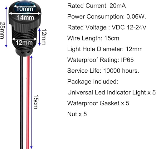 Miniatura 24 de 5pcs 0.472 in LED Metal Indicador Luz AC 110V-220V Impermeable Señal Lámpara (Rojo)