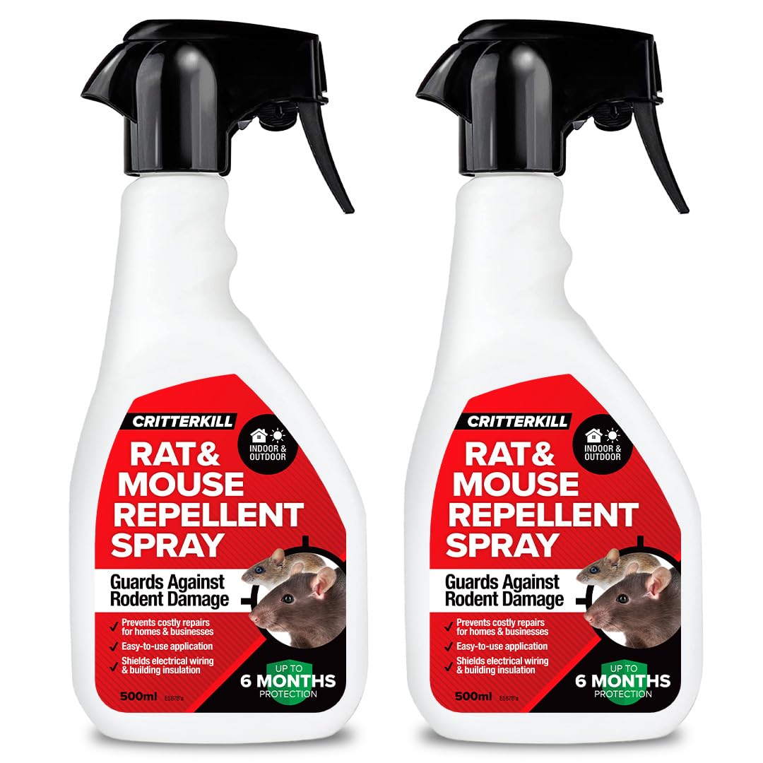 CritterKill Rat and Mouse Repellent Natural Peppermint Spray 2 x 500ml - Protects Wiring, Furniture and Pipework - Natural Rodent Repellent