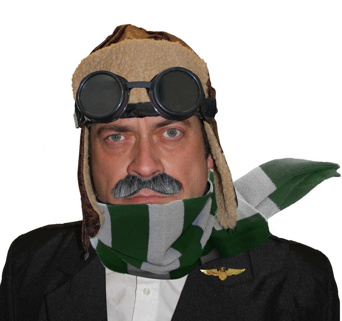 Adults VE Day 1940s Aviator Fancy Dress Set - Brown Aviator Hat Ww2 Pilot Fancy Dress Cap Distressed Leather Look Fancy Dress Accessory - Striped Scarf, Hat And Goggles (Green/Grey)