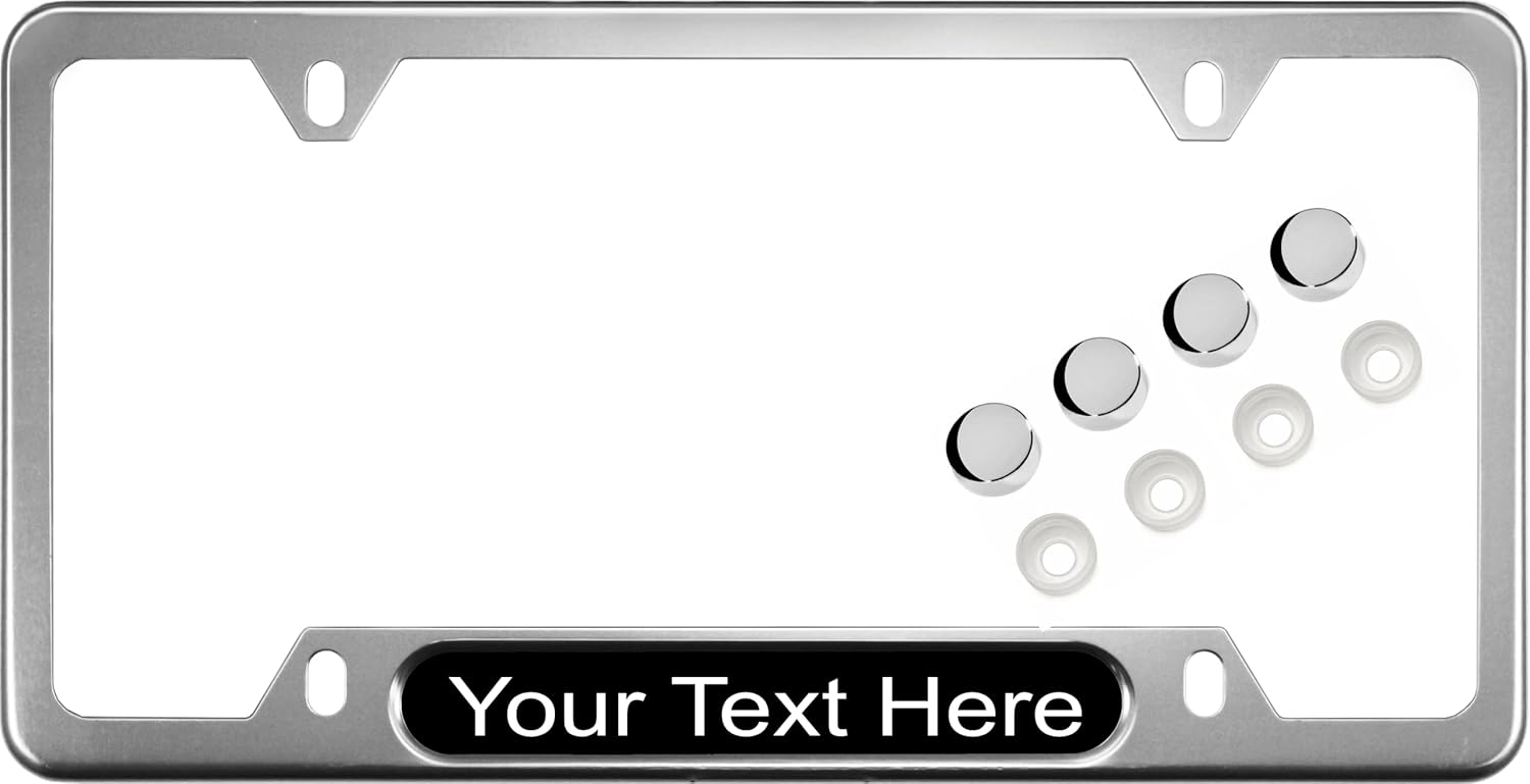 Custom Personalized Anodized Aluminum Thin Top | Narrow Top Silver Car License Plate Frame with Free caps - Black/White