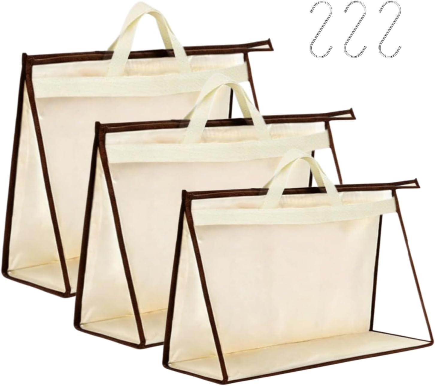 3 Pack Dust Bags for Handbags Transparent Purses Storage Bags Hanging Storage Bags with Zippers and Handles (Beige)