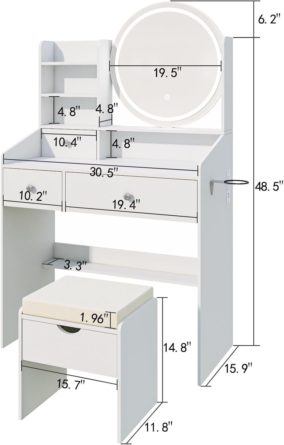 Viaozutis Vanity Desk with LED Mirror and Power Outlet, Makeup Vanity Table with Storage and Stool, 3 Lighting Modes, Compact Vanity for Bedroom, Small Space Beauty Station White