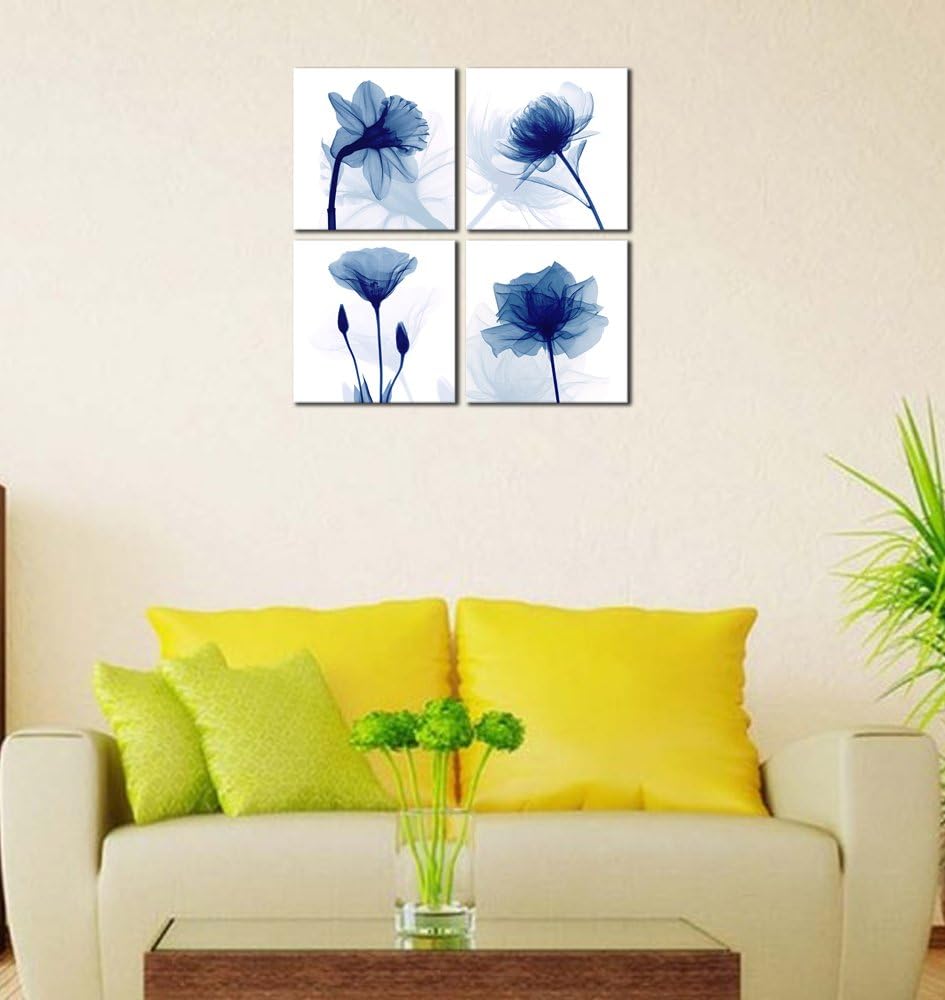 Pyradecor Large Blue Flickering Flower Modern Abstract Paintings Canvas Wall Art Gallery Wrapped Grace Floral Pictures on Canvas Prints 4 Panels Artwork for Living Room Bedroom Office Home Decorations: Posters & Prints