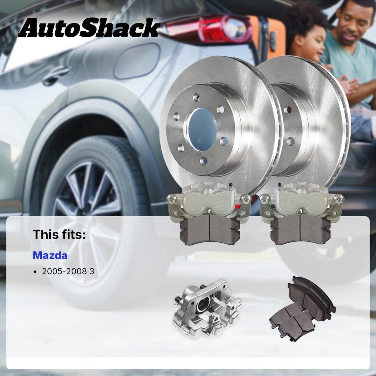 AutoShack Rear Brake Rotors, Ceramic Pads & Calipers for Mazda, 3 2005-2008, FWD L4 2.3L - 11.02" (279.9 mm), 5-Lug