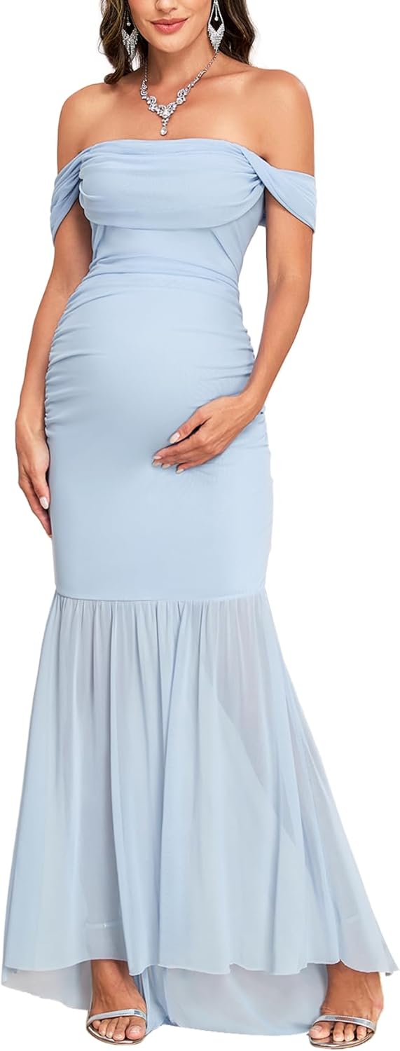 CYCLAMEN Off Shoulder Maternity Dress Elegant Mesh Mermaid Ruched Maxi Gown for Baby Shower Photography Wedding Guest