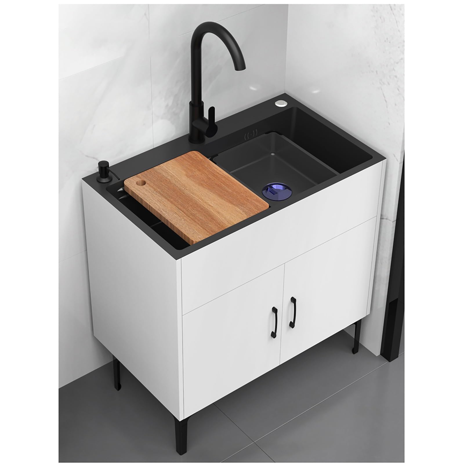 SDdPulse Commercial Utility Sink Cabinet with Hot and Cold Pull Out Faucet Single Bowl Laundry Sink for Garage Restaurant Kitchen Laundry Room Grey 60x40x78,White-68x40x78cm