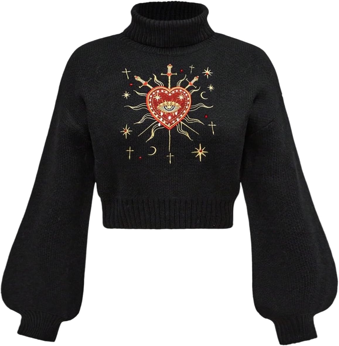 SweatyRocks Women's Lantern Sleeve High Neck Pullover Sweaters Goth Heart Embroidery Knit Crop Top