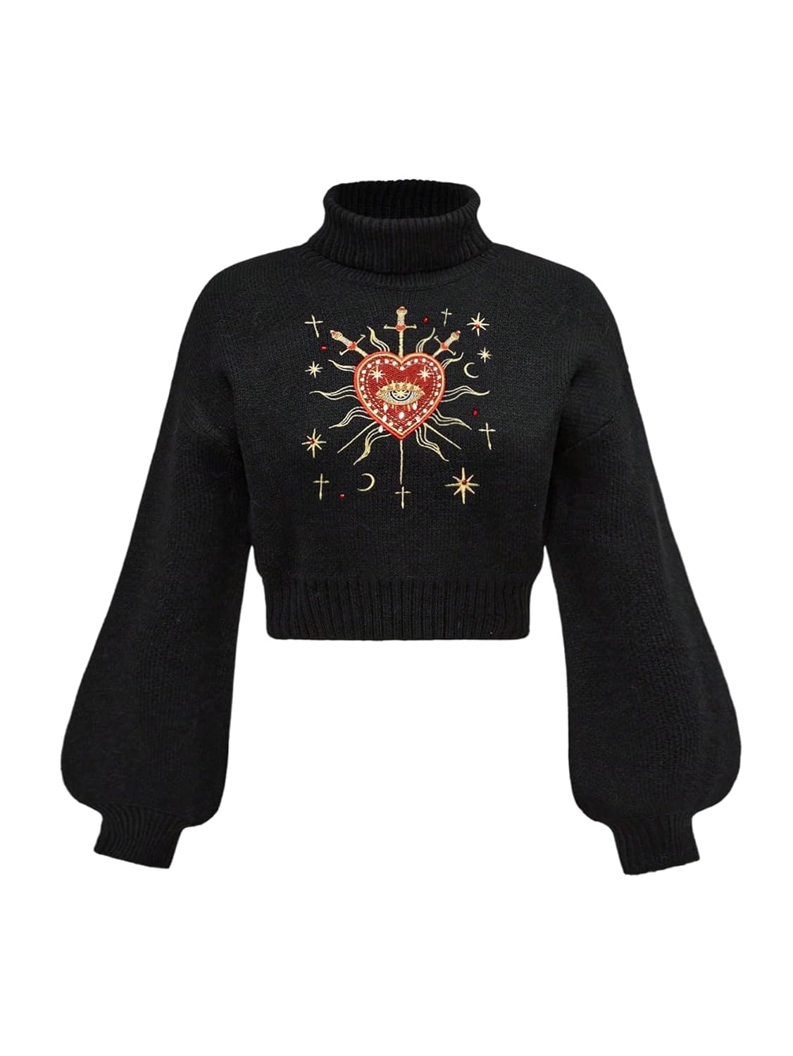 SweatyRocks Womens Lantern Sleeve High Neck Pullover Sweaters Goth Heart Embroidery Knit Crop Top