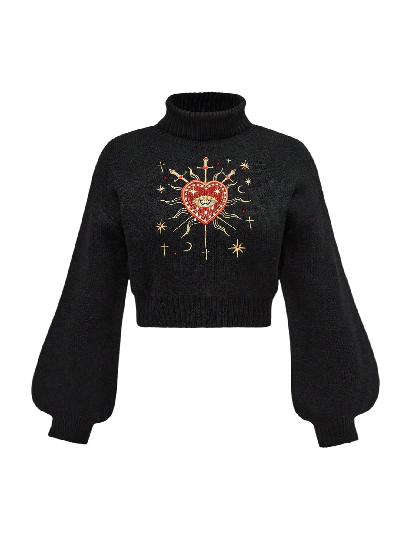 SHENHE Womens Gothic Sweater Turtleneck Moon Sun Embroidered Lantern Sleeve Cropped Sweater