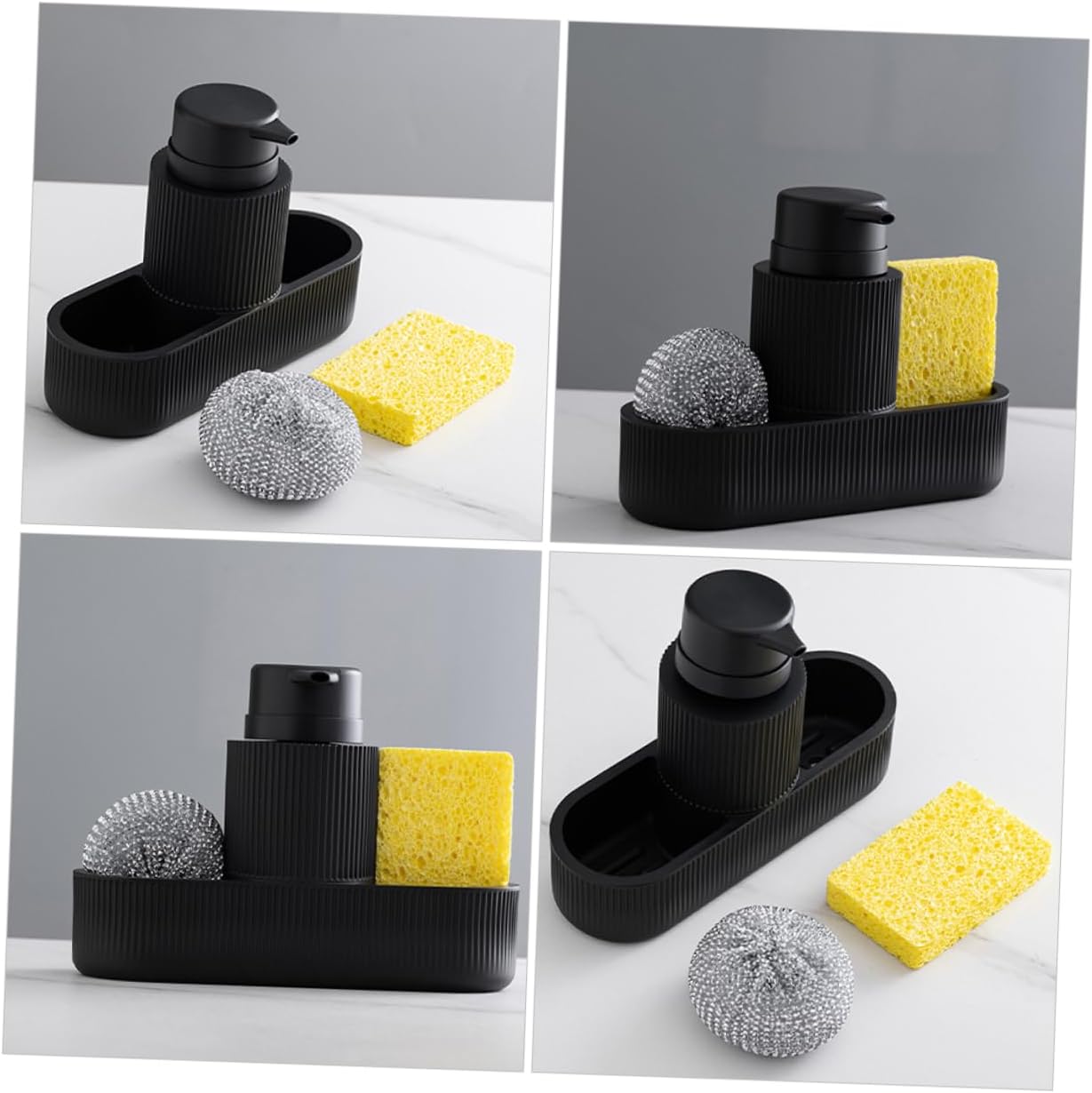 1set Dish Soap Dispenser Set Sponge Holder Modern Black Kitchen Sink Accessory for Cleaning Supplies and Organization Includes Lotion Container and Brush Holder