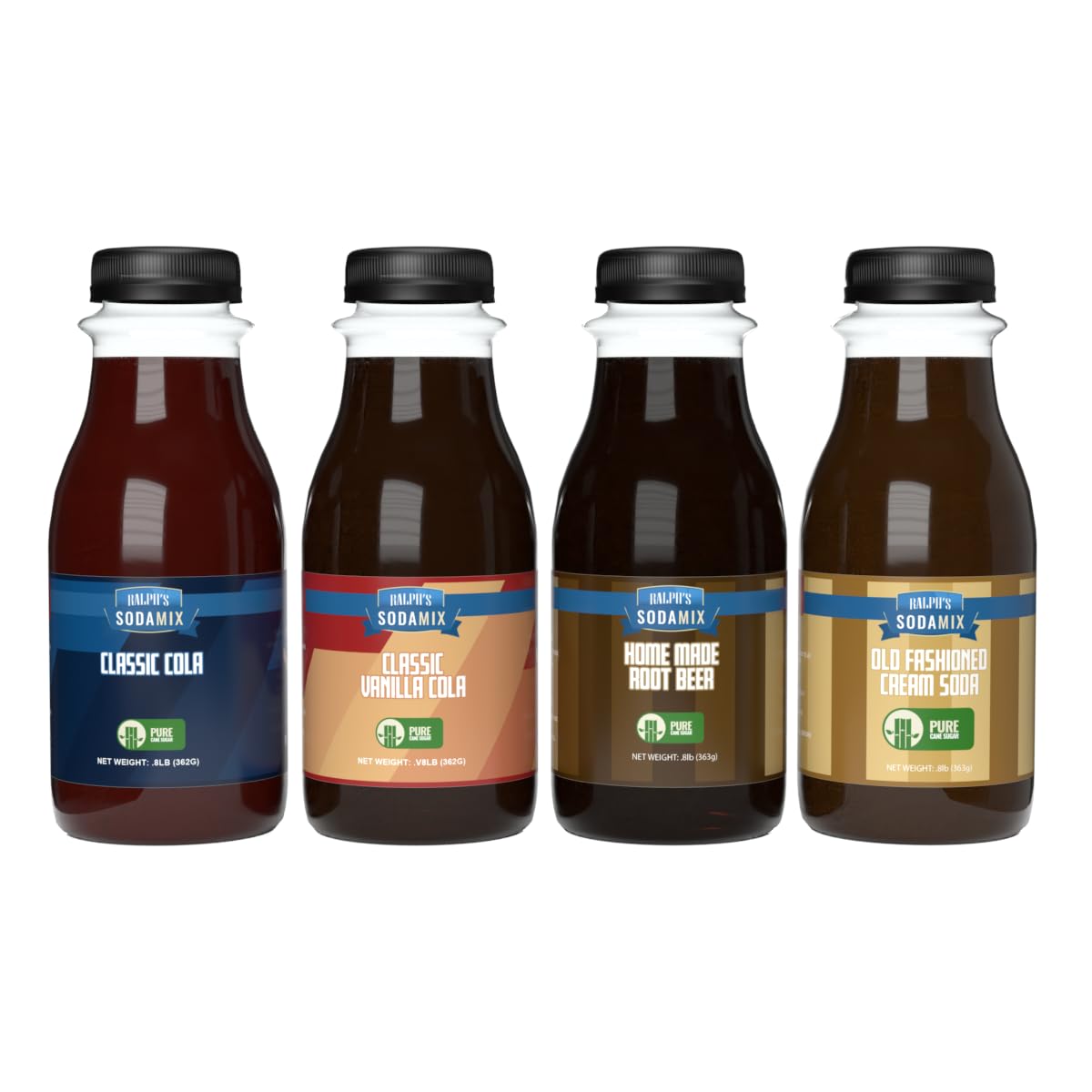 Ralph's 4 Cane Sugar Sparkling Water Soda Maker Flavors Pack | Classic Cola | Classic Vanilla Cola | Root Beer | Cream Soda | Four 12oz Bottles | Sodamix
