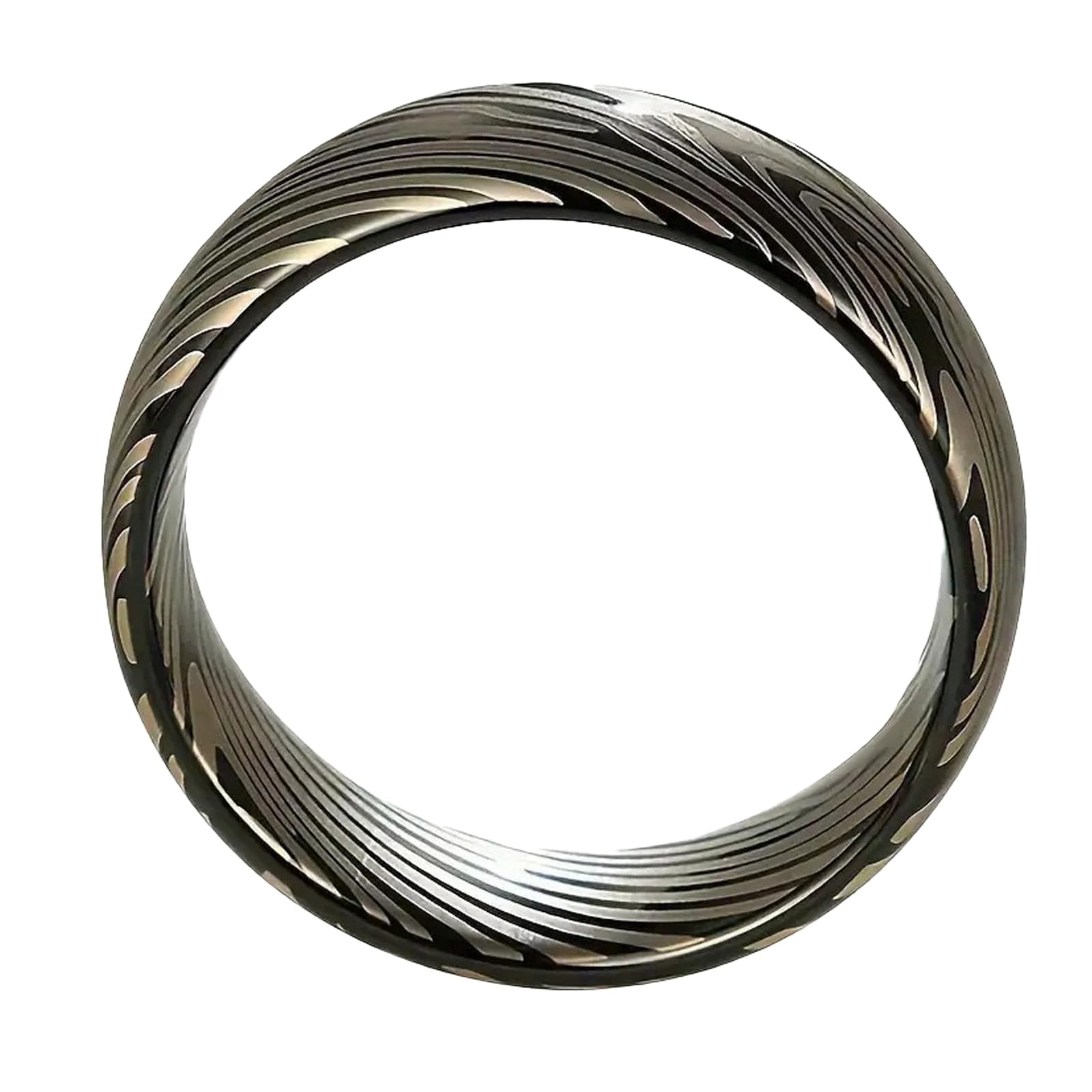 Damascus Steel Ring for Men Women - 8mm Wide Hand-Forged Pattern, Black & Metallic Swirl Textured Band, Hypoallergenic Wedding Ring, Size 7-13