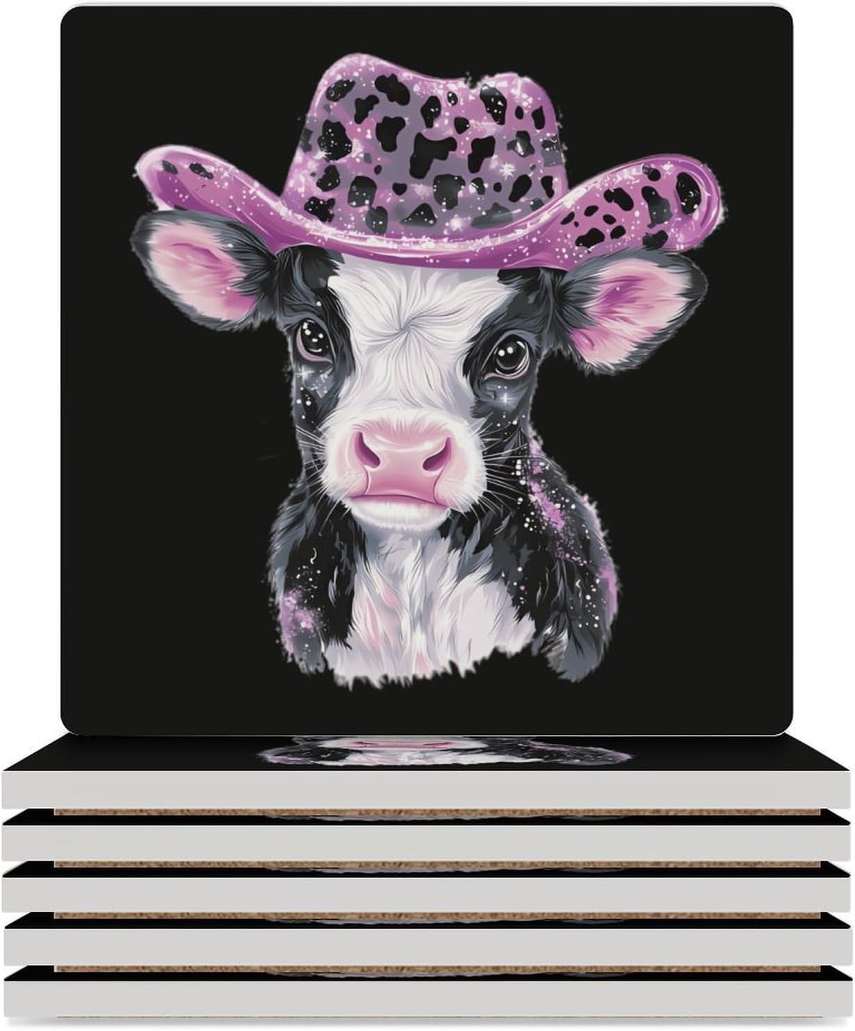 Cute Cow Leopard Sequin Hat Funny Ceramic Coasters for Drink Absorbent Cup Holders Tabletop Protection