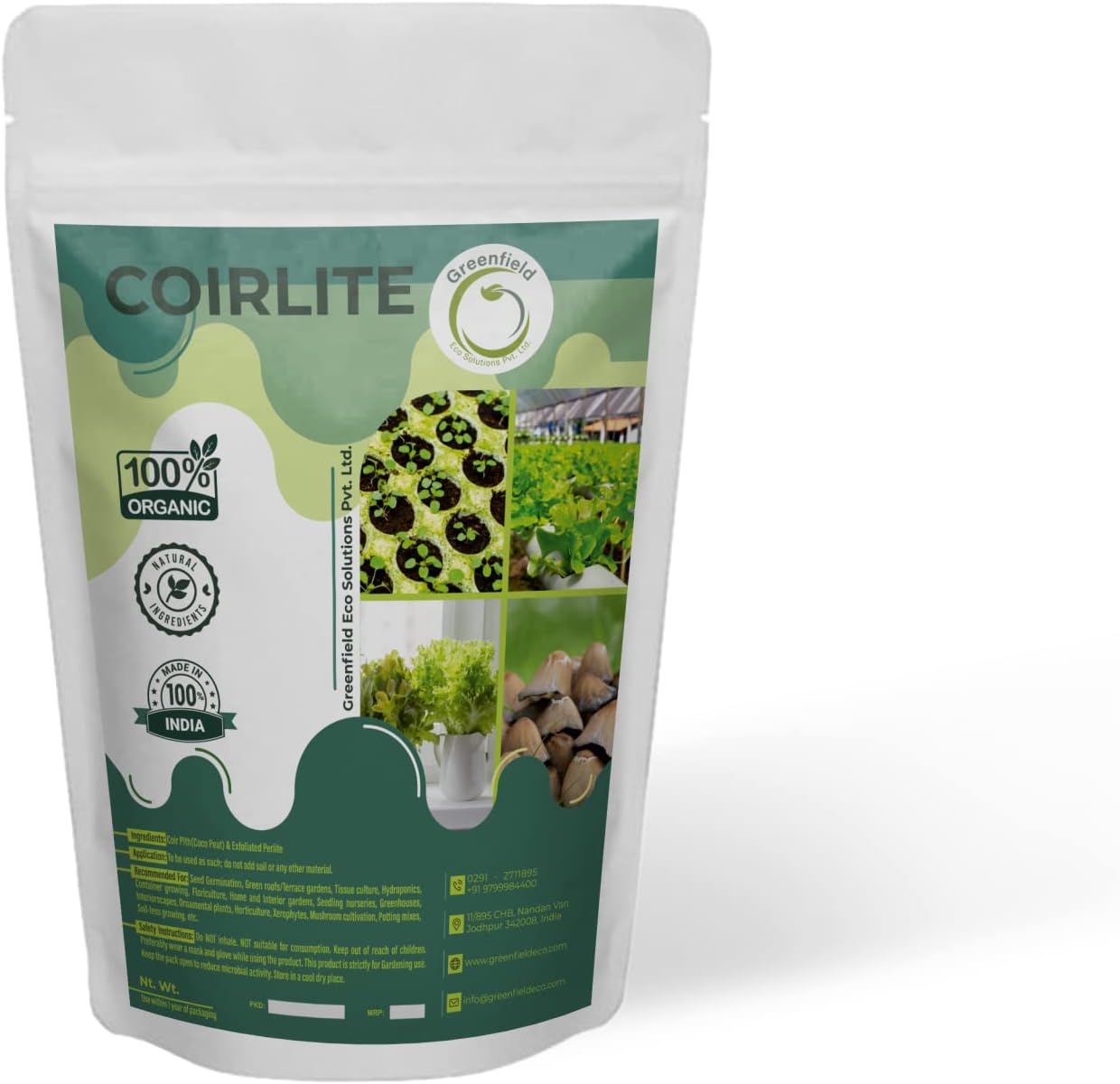 GreenfieldEco Coirlite 70-30 Premium Coco Peat / Coir Pith Perlite Mix for Green Roofs / Terrace Gardens, Tissue Culture, Hydroponics, Container Growing, Floriculture, Home and Interior Gardens, Seedling Nurseries, Greenhouses, Interiorscapes, Ornamental Plants, Horticulture, Vegetables, Xerophytes, Mushroom Cultivation, Potting Mixes, Soil-less Growing Media, Cannabis Cultivation, etc., 900 g - OMRI, USA Certified