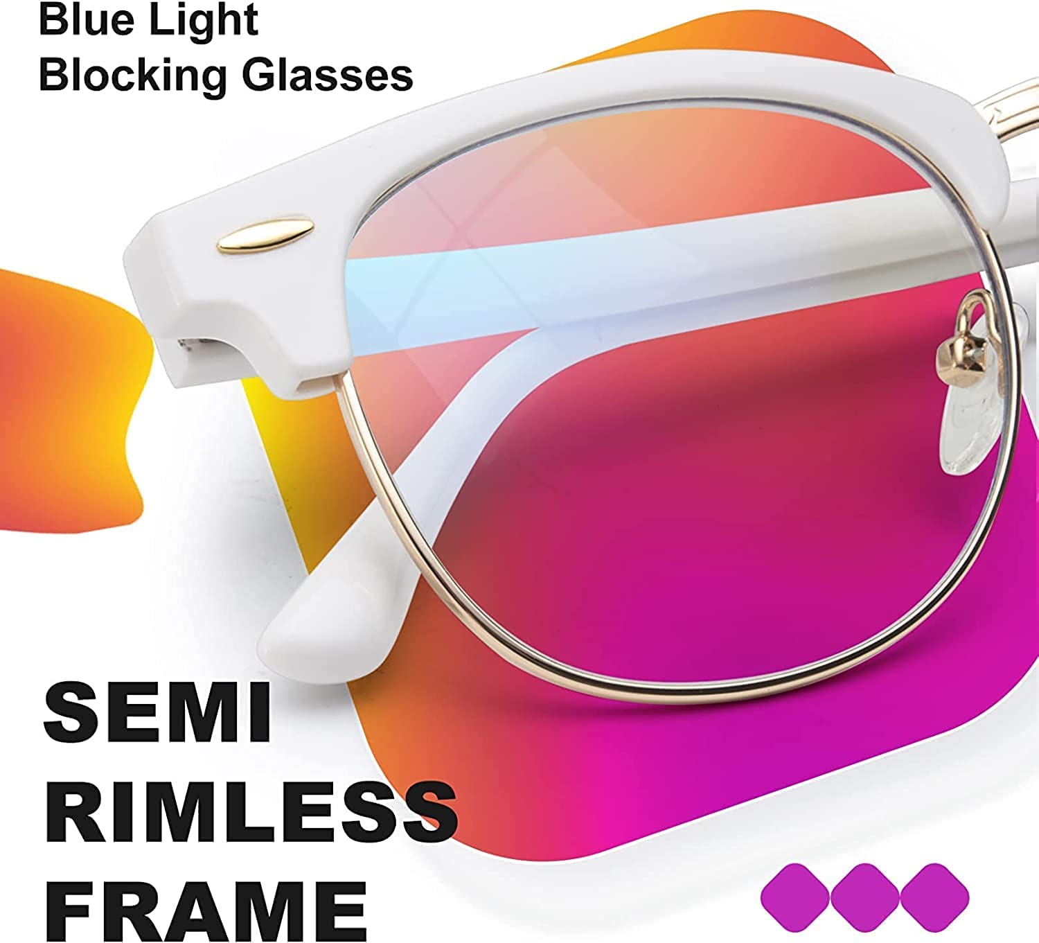RICHORS Computer Blue Light Blocking Eyewear Half Frame Semi-Rimless White/Gold Clear Lens Antiglare ARC Blue Coating Eyeglasses Clubmaster Style Glasses for Men and Women