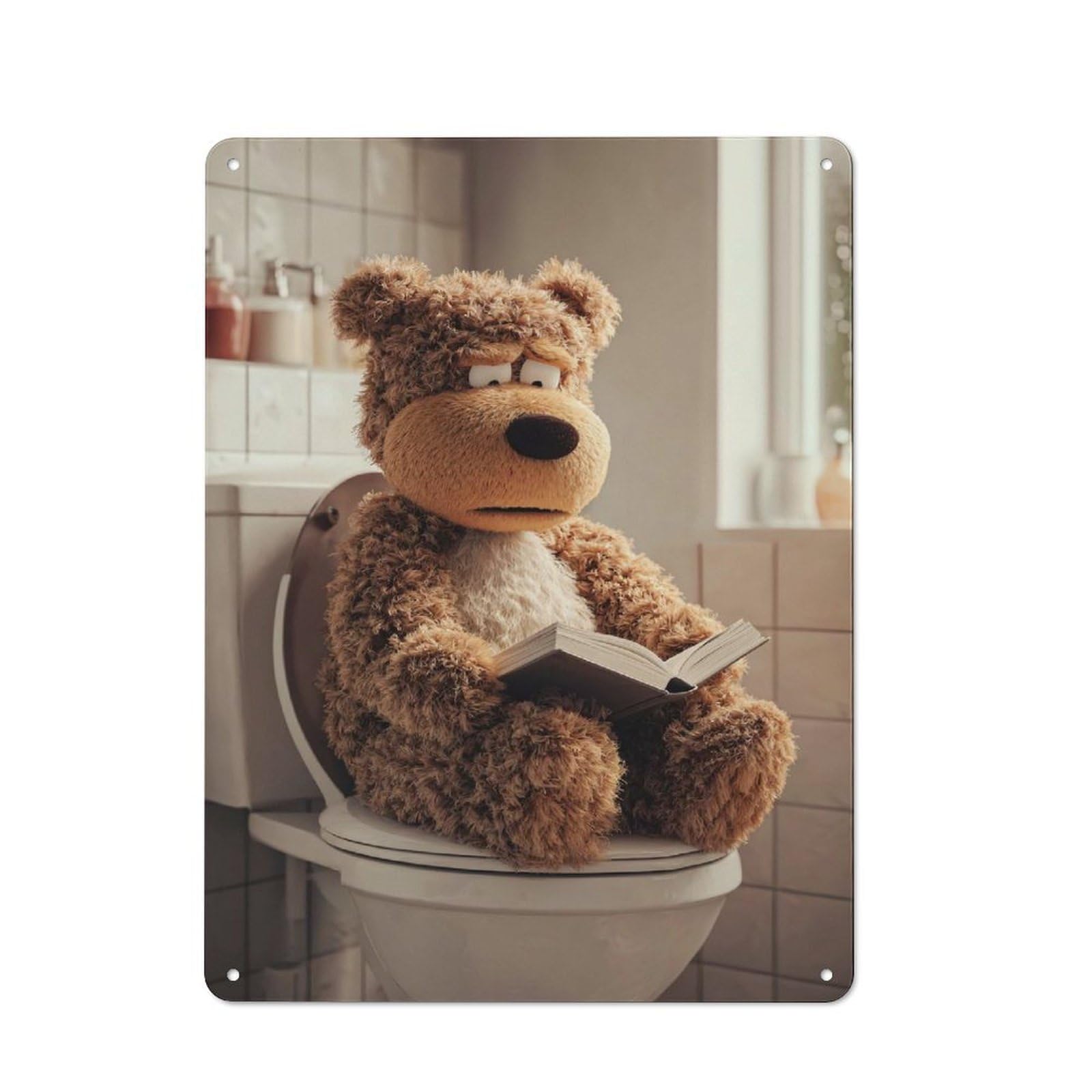 Junmoney Style-17 Teddy Bear Reading On Toilet Poster, Picture, Metal Print, Paint By Creed Barn Style Metal Wall Decor 40X30cm, Country Metal Sign For Kitchen, Cottage, Porch Or Garden Room