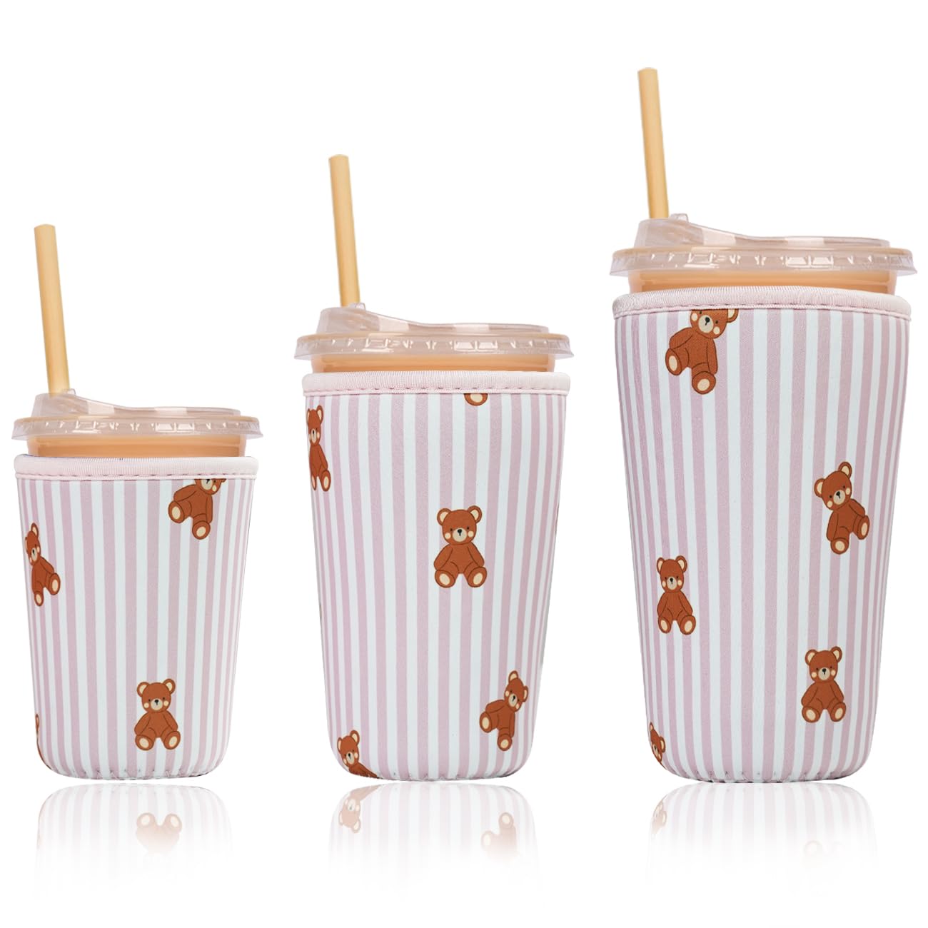 Reusable Insulated Sleeve for Iced Coffee Cup, 3-Pack Coffee Neoprene Drink Sleeve for Cold &amp; Hot Drinks, Beverage Holder for Iced Coffee (Pink Stripe Bears)