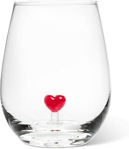 Abbott Collection Heart Icon Stemless Wine Glass | Durable Borosilicate, Sculpted Charm at the Base, Doubles as a Drink Marker, Red/Clear, 20oz, 4.5"H