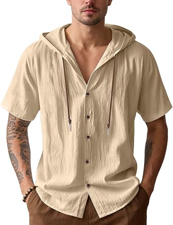 Mens Cotton Linen Shirts Short Sleeve Casual Sweatshirts Button Down Summer Beach Wedding Shirts with Hoodies