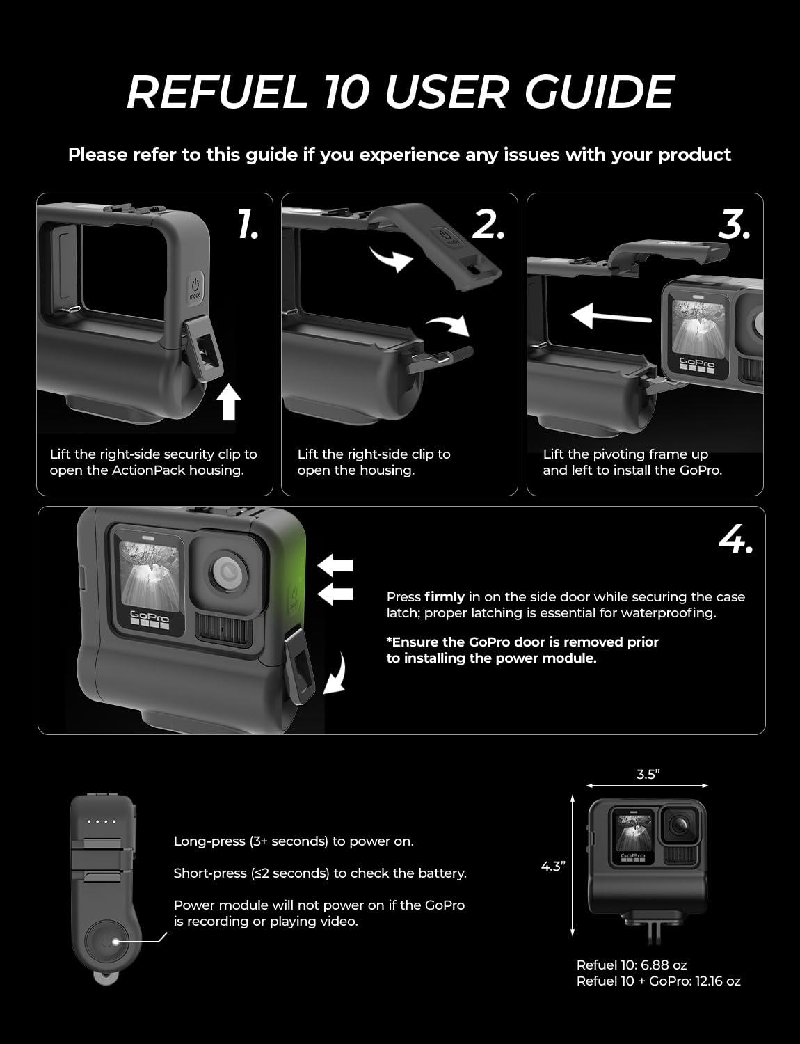 DigiPower Re-Fuel Akkupack, 9 Stunden Akkulaufzeit für GoPro HERO11 & HERO10 Black & HERO9 Black, kompatibel mit GoPro Action-Kamera, IP68 wasserdicht und staubdicht, Allwetter, schwarz