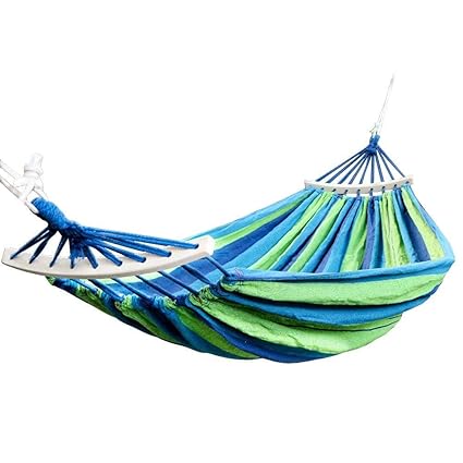 Gokich (280 * 100CM/HOLD 150KG, Wooden Blue) Cotton Outdoor Hammock Multiples Load Capacity Up to 450 Lbs Portable with Carrying Bag for Patio Yard Garden - 1 PCS ONLY