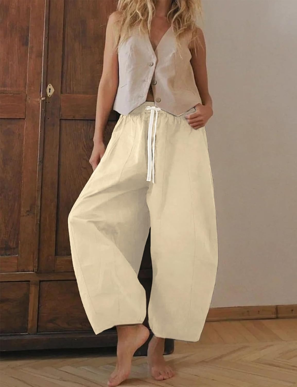 Wyeysyt Barrel Jeans Women Wide Leg Elastic Waistband Cotton Pants Baggy Palazzo Pants with Pockets(Beige-S) - Image 4