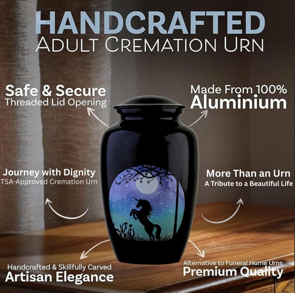 Elegant Adult Cremation Urn for Human Ashes – Handcrafted Memorial Urn with Velvet Bag & Funnel – Large 200 Cubic Inch Capacity – Secure Screw-Top Lid – Unicorn Design
