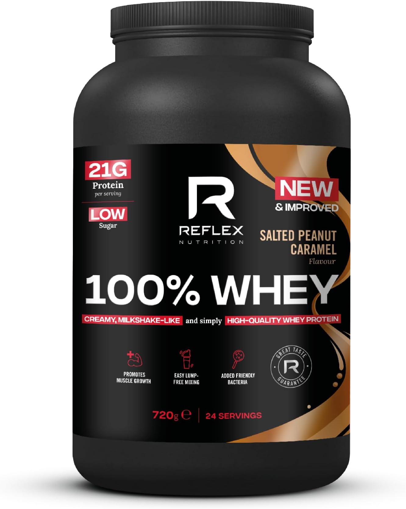 Reflex Nutrition 100% Whey Protein - 80% Pure Whey Protein - EAA Amino Acids - No Added Sugar - Whey Protein Powder for Pre Workout & Post Workout Recovery (Salted Peanut Caramel, 720g, 24 Servings)