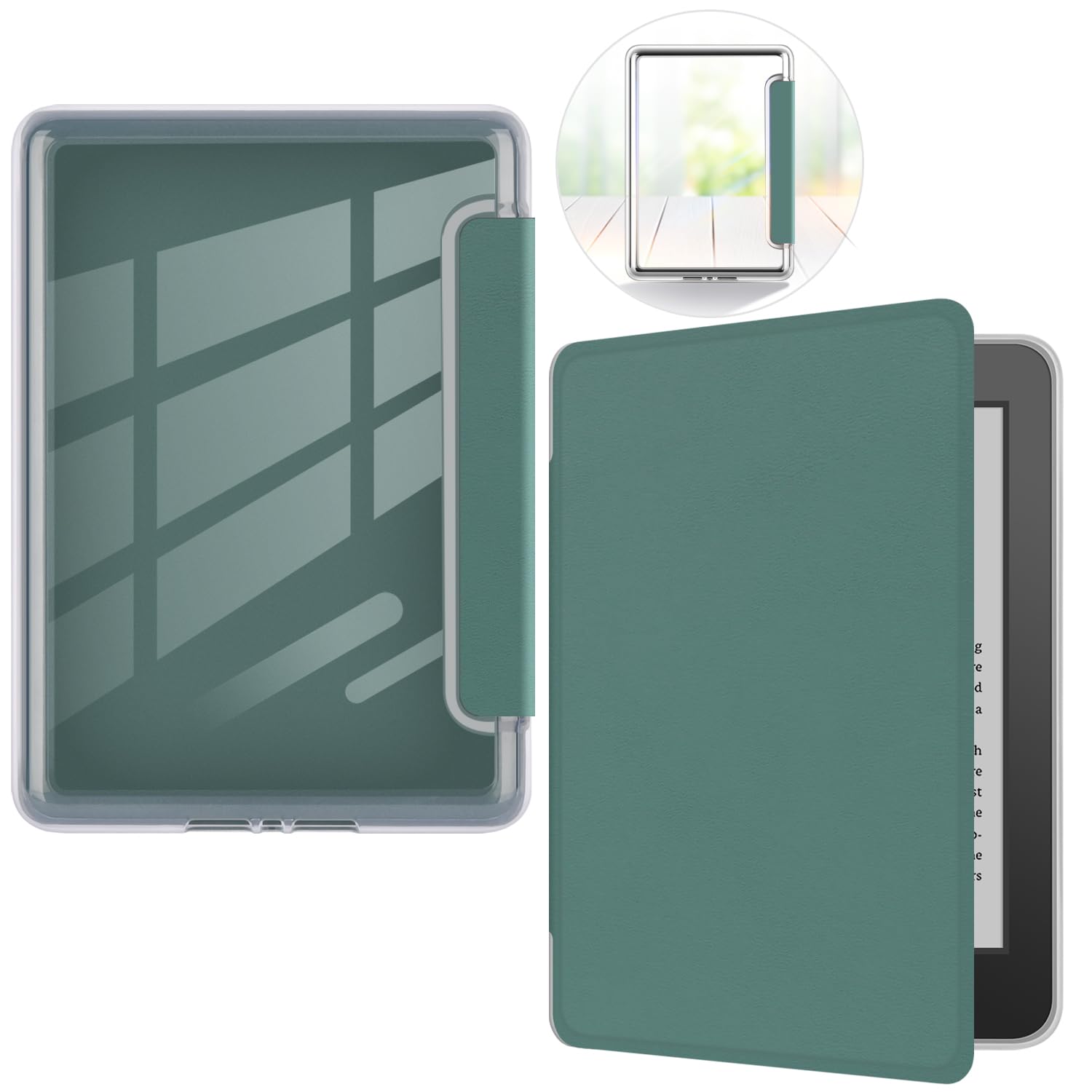 Custodia ERUNTO per Kindle Paperwhite 6,8" e Signature – Retro acrilico trasparente, chiusura magnetica con laccetto, accensione/spegnimento automatico(verde)