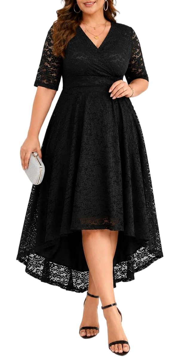 Plus Size Wedding Guest Dress Black Formal Lace Pink Faux Wrap V Neck High Low Short Sleeve Cocktail Party Maxi Dresses by Talisea - Used condition - US$35.04
