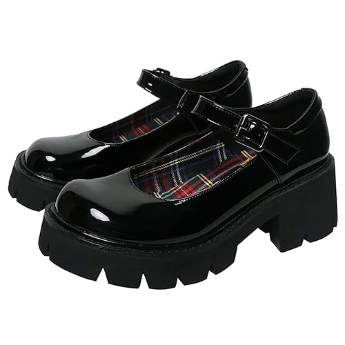 Mistress Harley - Women Chunky Platform Mary Jane Shoes Retro Buckle Strap Round Toe Flats Shallow Mouth Japanese Sweet Lolita Princess Shoes - 5.5 UK - Black